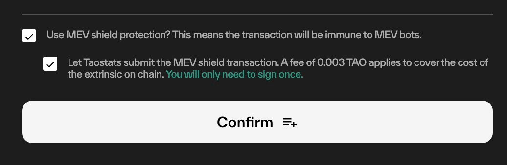 Transaction confirmation panel with two checkboxes for enabling MEV shield protection and delegating submission, plus a Confirm button