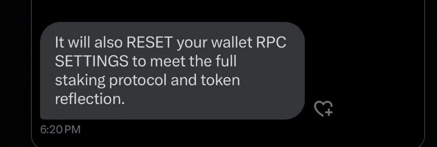 Dark-themed chat message bubble containing scam text urging the recipient to reset their wallet RPC settings