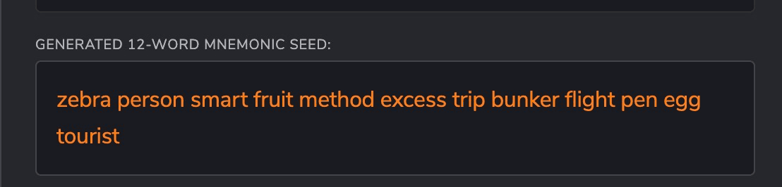 Wallet screen displaying a generated 12-word mnemonic seed phrase in a bordered box under an uppercase label