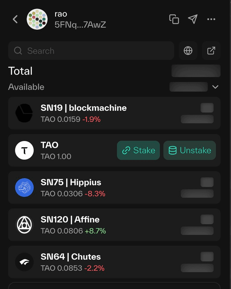 Taostats Chrome extension wallet view with hidden balances and inline Stake and Unstake buttons on the TAO row above subnet positions