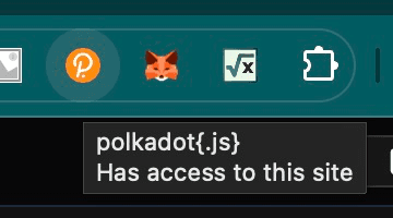 Browser toolbar with the polkadot-js extension icon and a tooltip confirming it has access to the site