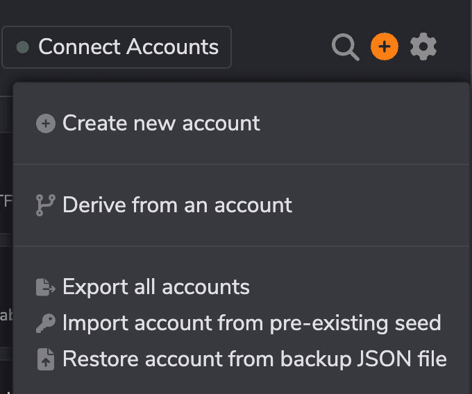 Polkadot-js browser extension add-account dropdown menu showing options to create, derive, import from seed, or restore an account from backup