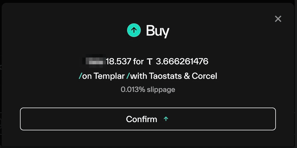 Taostats buy confirmation popup summarizing the token amount, cost in TAO, routing providers, and slippage with a confirm button