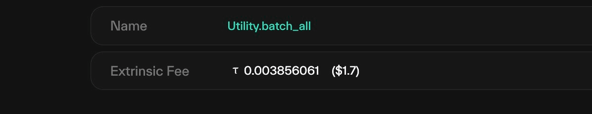 Taostats extrinsic detail showing a Utility.batch_all name and the total extrinsic fee in TAO with a USD equivalent