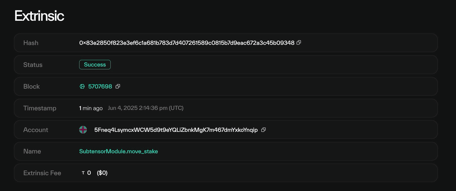 Taostats extrinsic detail page top section showing hash, status, block, timestamp, account, name, and fee fields