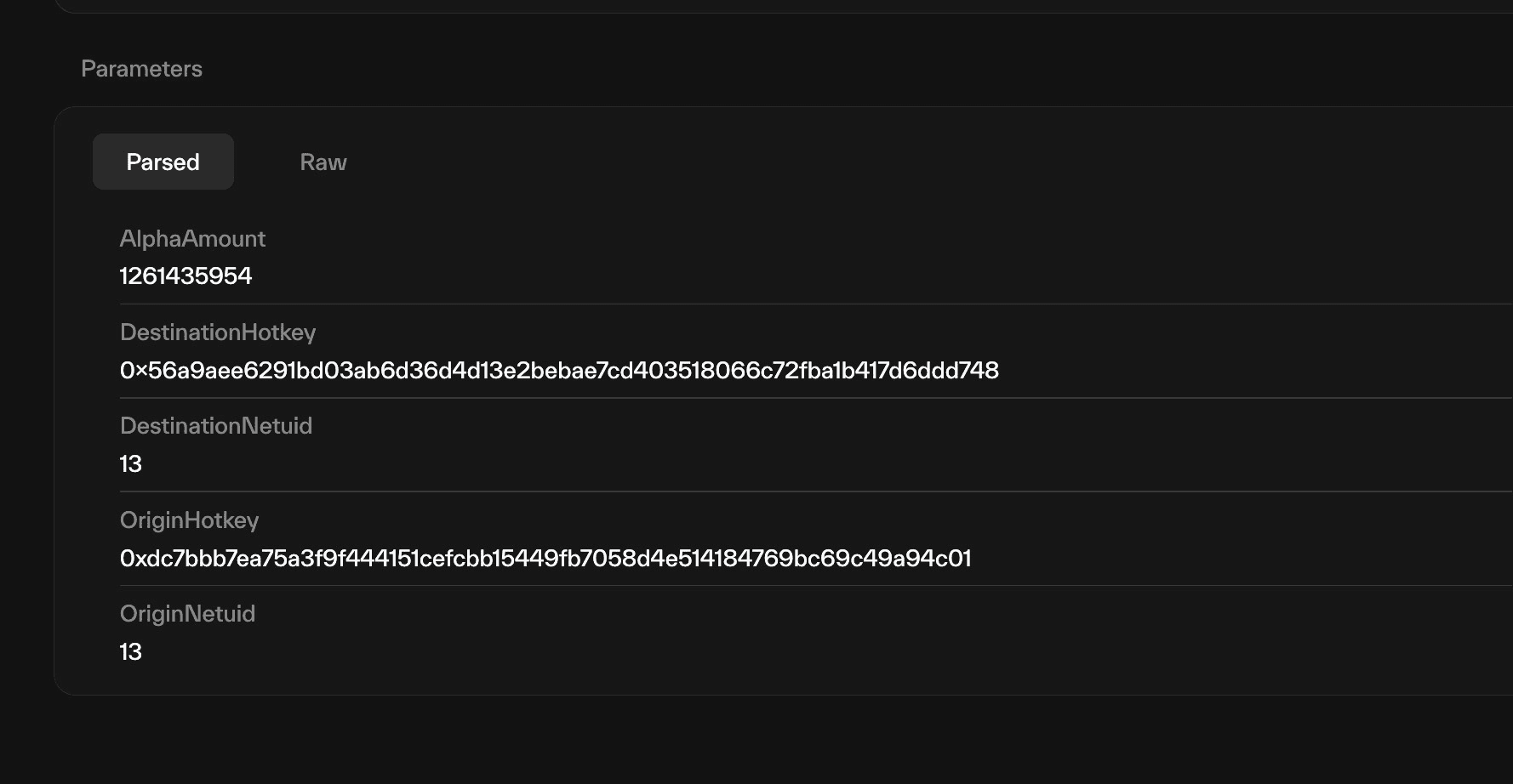 Taostats extrinsic parameters panel with parsed and raw tabs listing named parameter label-value pairs