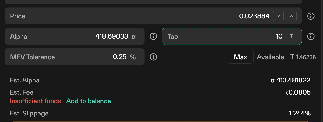 Taostats limit order form showing price, paired alpha and tao amount fields, MEV tolerance, and estimated alpha, fee, and slippage with an insufficient-funds warning