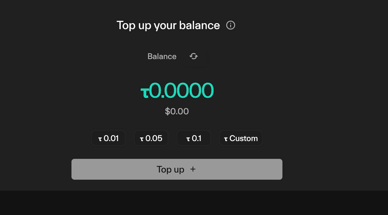 Taostats top up balance dialog for limit order fees showing token and USD balance, preset and custom amount buttons, and a top-up action button