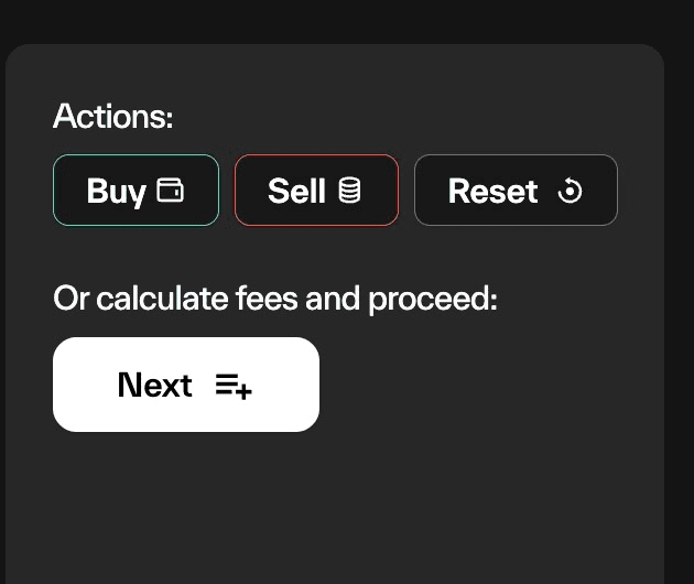 Taostats new position action panel with buy, sell, and reset buttons and a next button to calculate fees and proceed