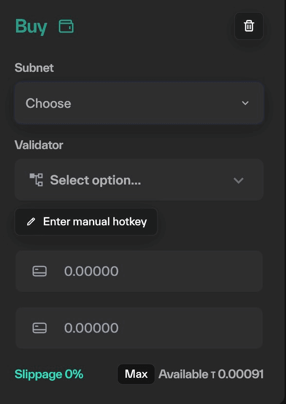 Taostats new position buy form with subnet and validator dropdowns, a manual hotkey option, amount inputs, slippage, Max button, and available balance