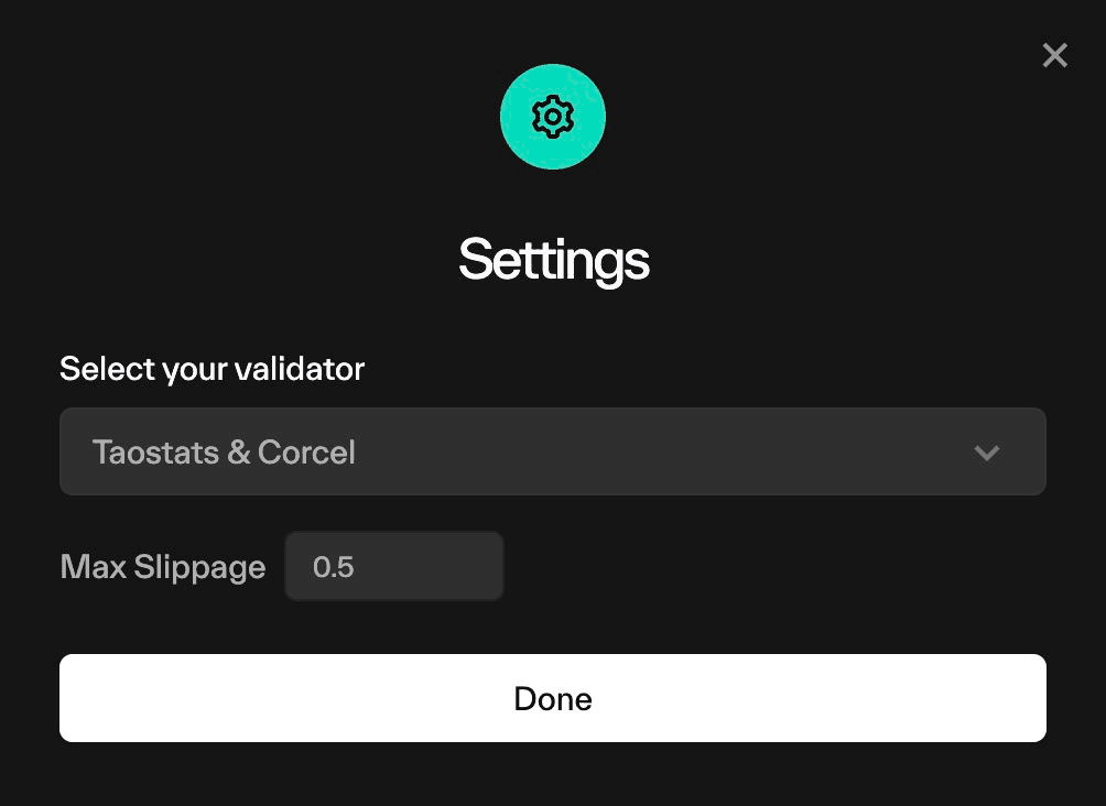 Taostats staking settings modal with a validator selection dropdown and a max slippage input field plus a done button