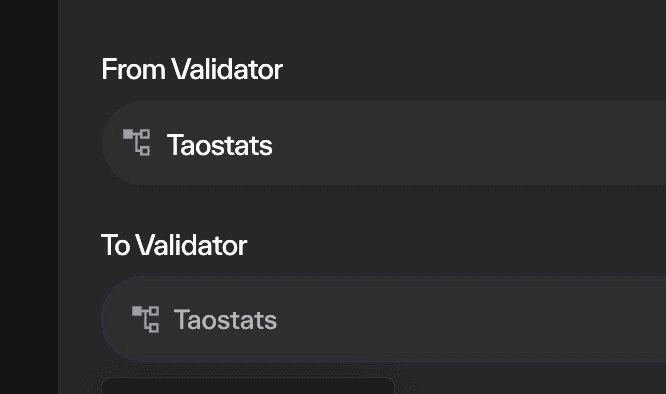 Taostats transfer alpha panel with From Validator and To Validator selector fields for redelegating stake between validators