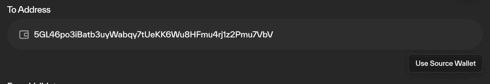 Taostats transfer app To Address field with a wallet icon and a Use Source Wallet button to auto-fill the coldkey address