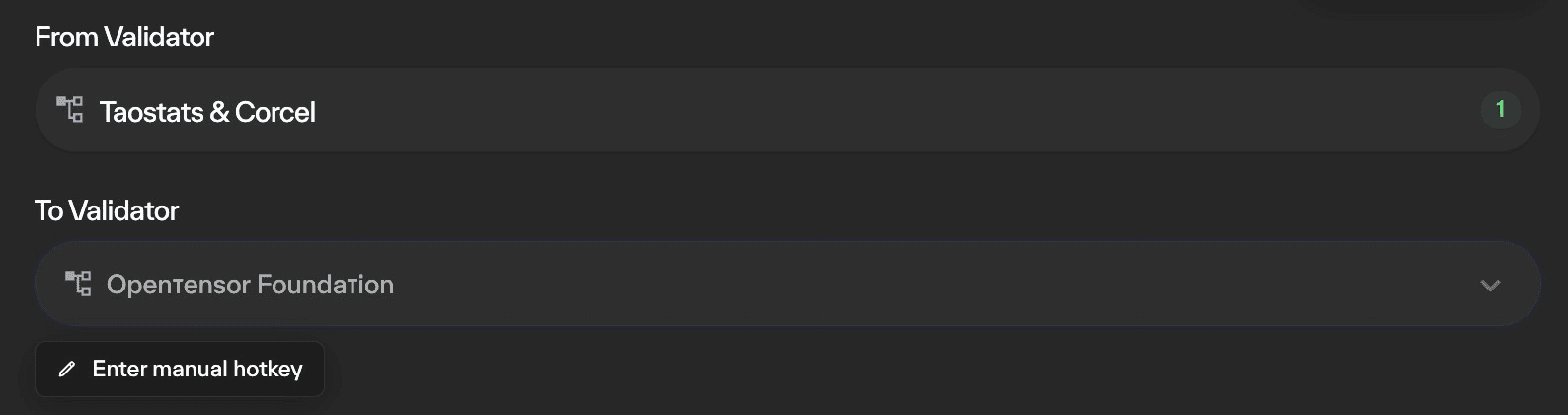 Taostats transfer app From Validator and To Validator selectors with a dropdown and an enter-manual-hotkey option for choosing the new validator