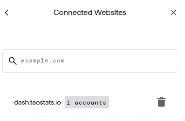Wallet extension Connected Websites screen with a search field and a site entry showing linked account count and a trash icon to revoke access