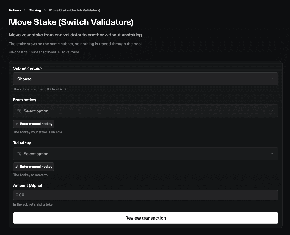 Move Stake form in taostats Actions for switching Bittensor staking between validators